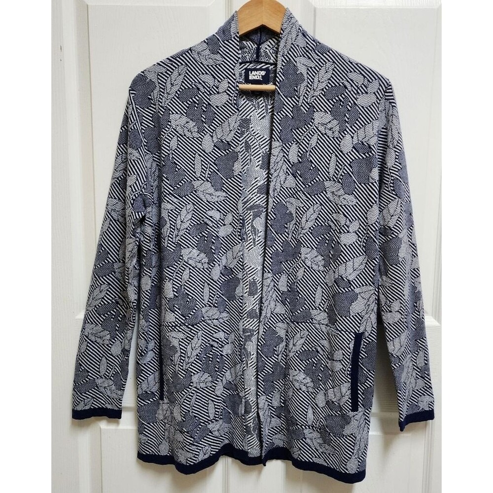 Lands End Women M Cotton Blue Leaf Stripe Open Pocket Long Slv Cardigan Sweater